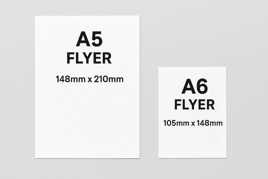 Side-by-side comparison of A5 and A6 flyer sizes with dimensions. A5 flyer measures 148mm x 210mm and A6 flyer measures 105mm x 148mm, shown clearly on a neutral background.